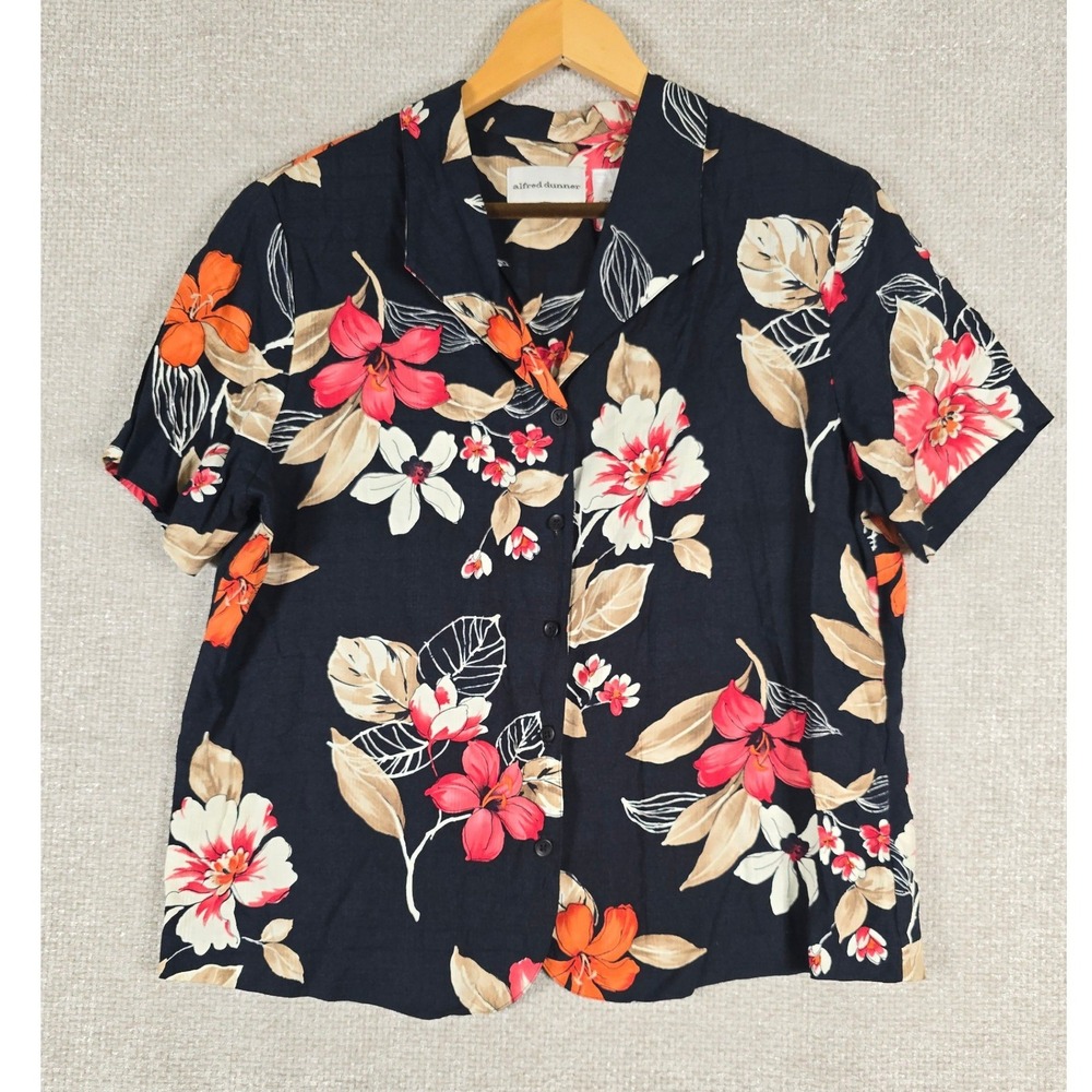 Alfred Dunner Womens 16 Navy Blue Tropical Floral Rayon Button Front Blouse‎ Top